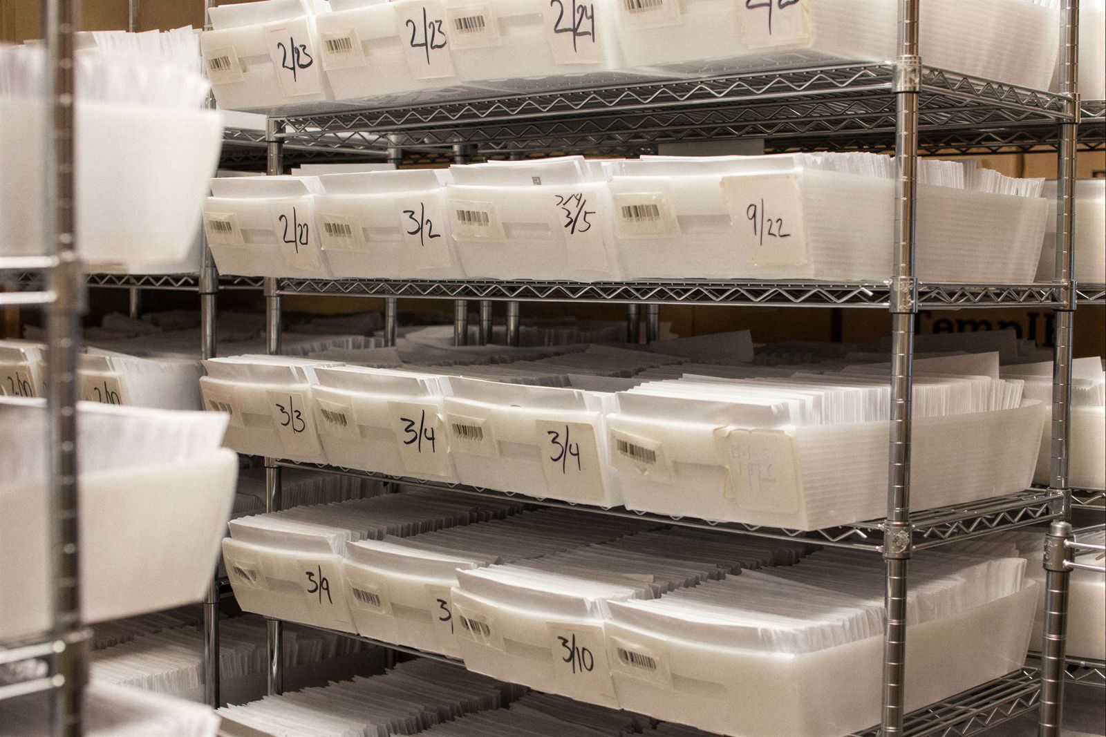 Barcoded mail tubs labeled by date